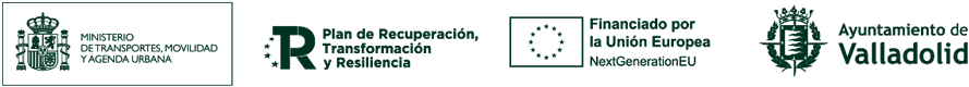 Logos del Ministerio de Transporte Movilidad y Agenda Urbana; Plan de Recuperación, Transformación y Resiliencia; Financiado por la Unión Europea NextGenerationUE; Ayuntamiento de Valladolid VA!